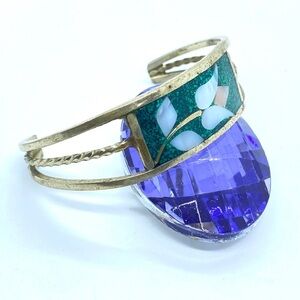 Vintage Alpaca Mexico Mother-of-Pearl Floral Inlay Cuff Bracelet
